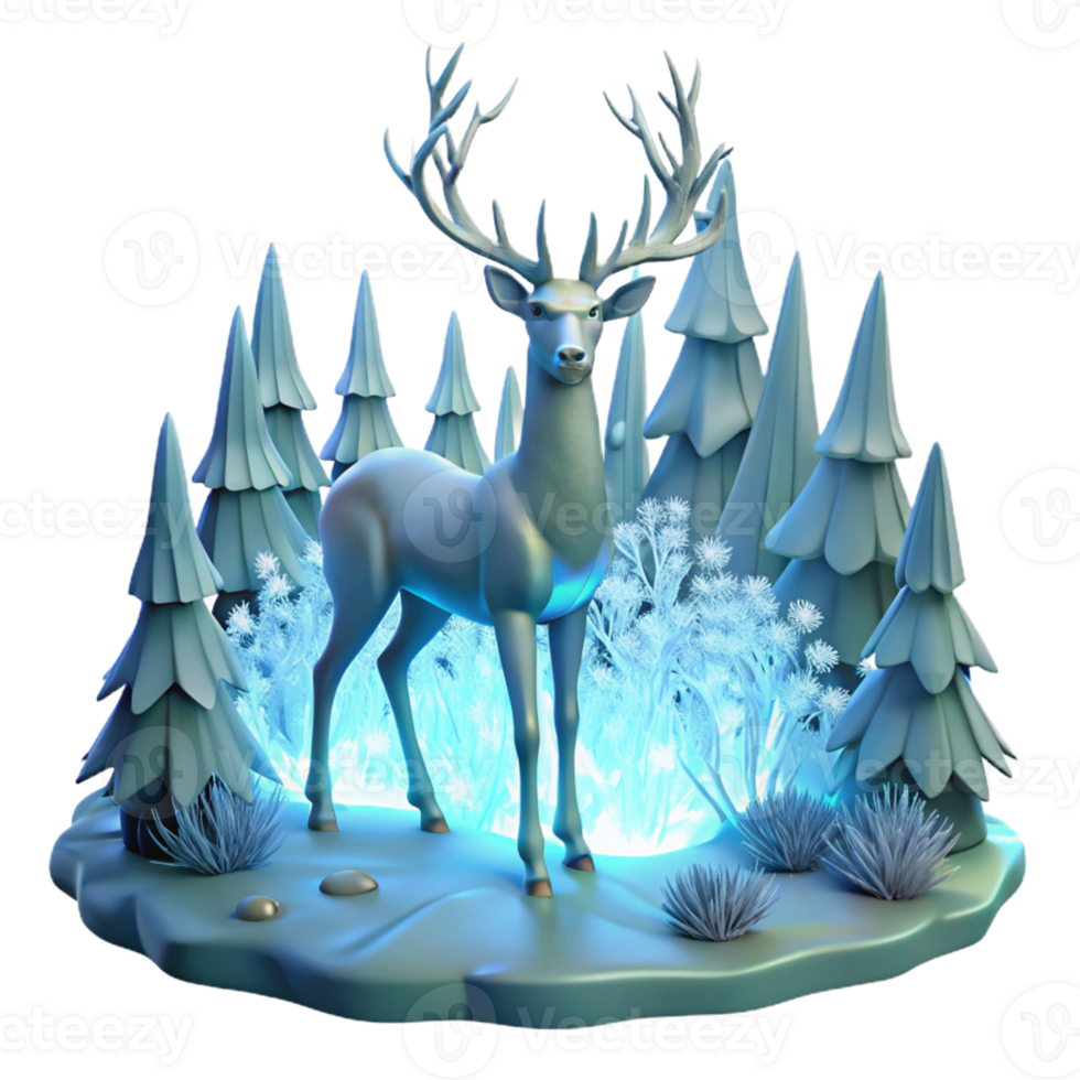 Winter Deer in Snowy Forest A serene scene of a deer navigating a snowy forest, capturing the essence of winter in a digital render. png
