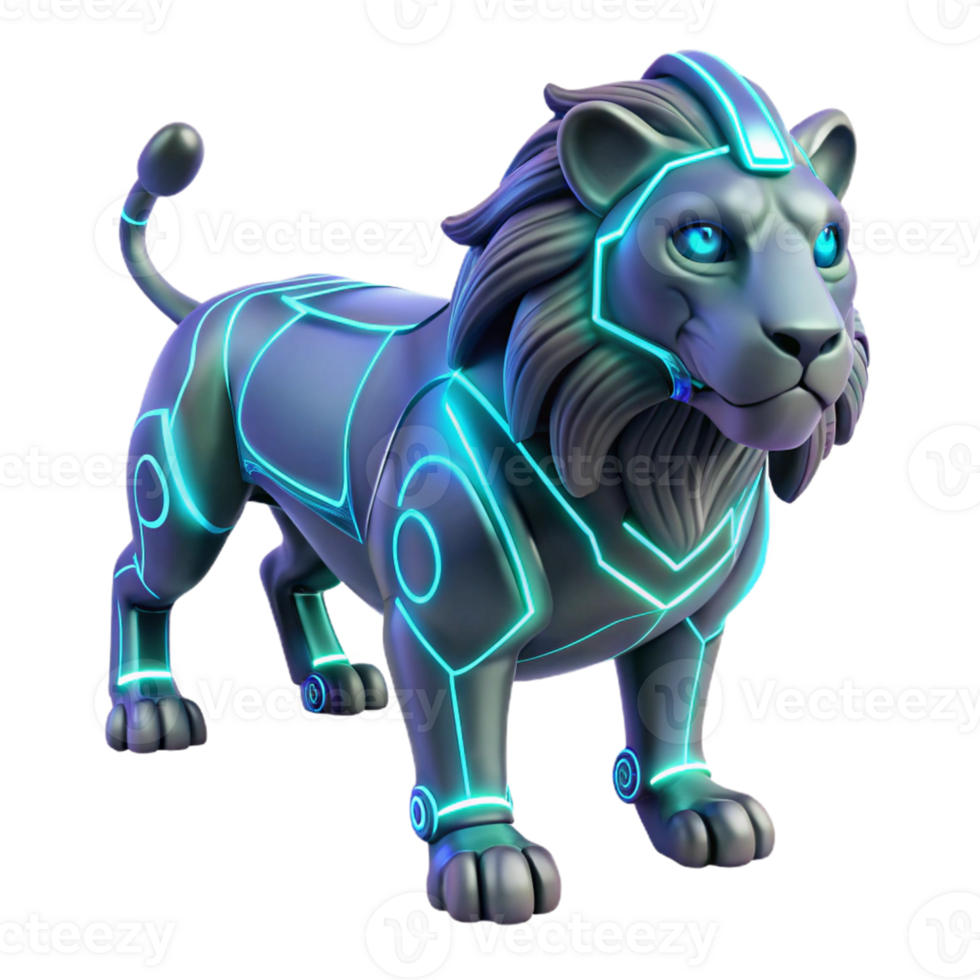 cibernético leão futurista 3d render - uma futurista 3d render do uma leão com cibernético elementos exibindo avançado mecânico Projeto e lustroso características png