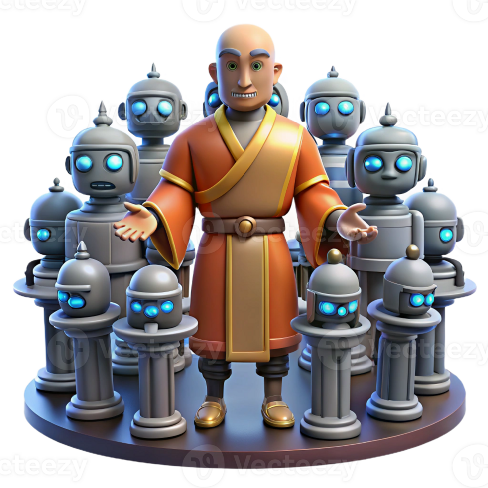 Monk Robots A Digital Story A dynamic depiction of a monk navigating a world of robots, capturing the essence of a digital story in a digital world. png