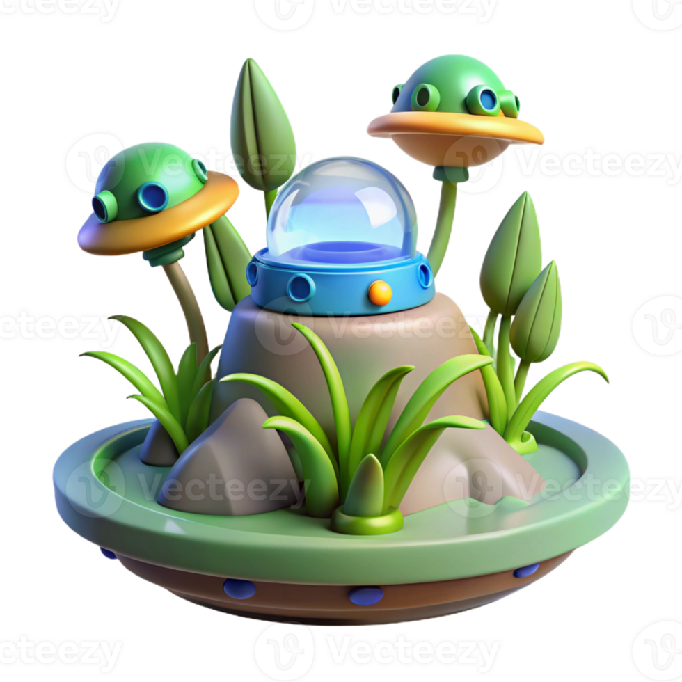 UFOs, Plants, and a Crystal Dome A dynamic scene of UFOs navigating a world of plants and a crystal dome, capturing the essence of cosmic exploration. png