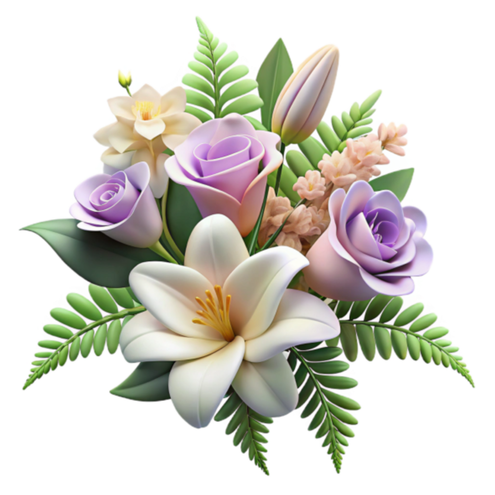 3D Render of a Delicate Floral Bouquet Lilies, Roses, and Ferns png