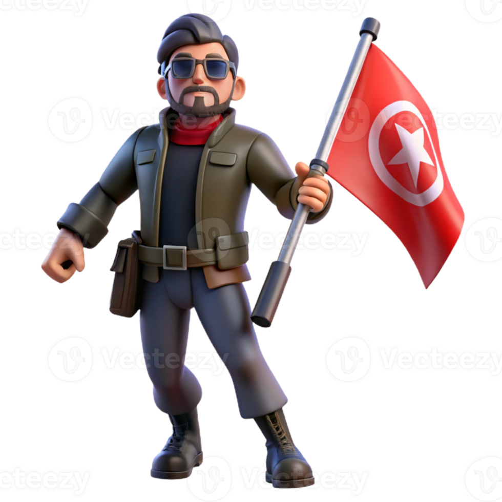 Three Dimensional Cartoon Traveler with Flag in a Whimsical Scene of Adventure png