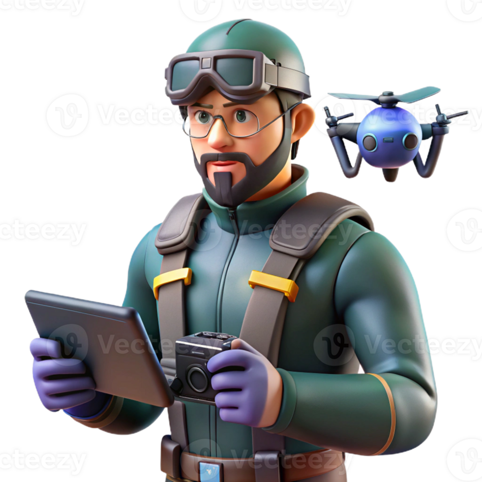 Drone Operator with a Tablet and Camera in a Futuristic Three Dimensional Scene of Technology png