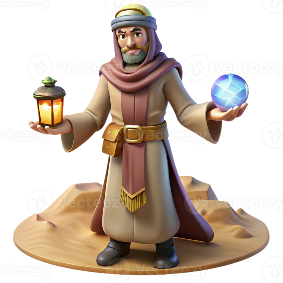 Desert Sage with Orb and Lantern A mystical figure holding an orb and lantern, navigating the serene expanse of a digital desert. png