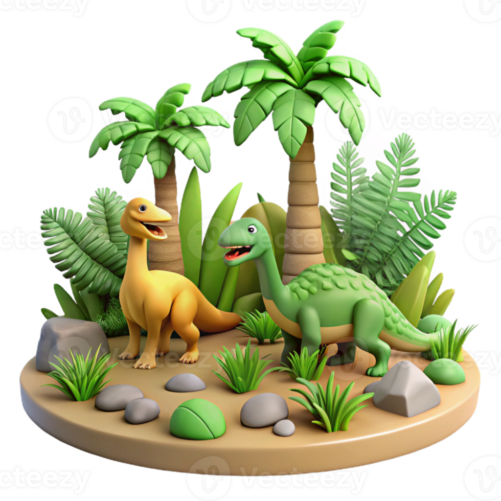 Cartoon Dinosaurs in Tropical Scene - A whimsical depiction of cartoon dinosaurs in a tropical scene capturing their playful and enchanting presence png