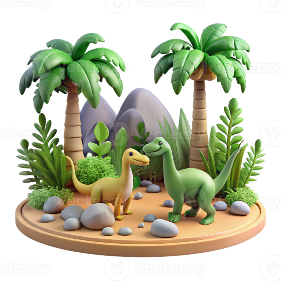 Cute Dinosaurs in Tropical Scene A whimsical 3D render of cute dinosaurs in a tropical scene, capturing the essence of adventure and playful design. png