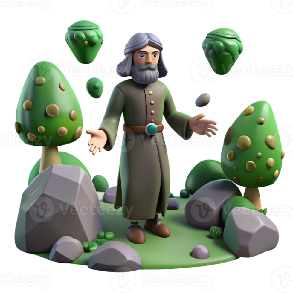 3D Cartoon Wizard in Magical Forest - A whimsical 3D render of a cartoon wizard in a magical forest capturing his playful and enchanting presence png