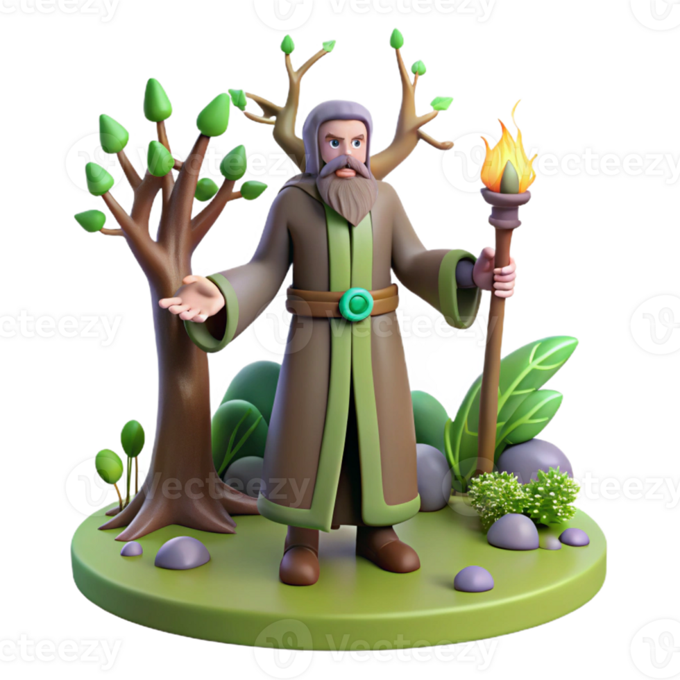 Wise Wizard with Torch in Forest in a Whimsical Three Dimensional Scene of Enchantment png