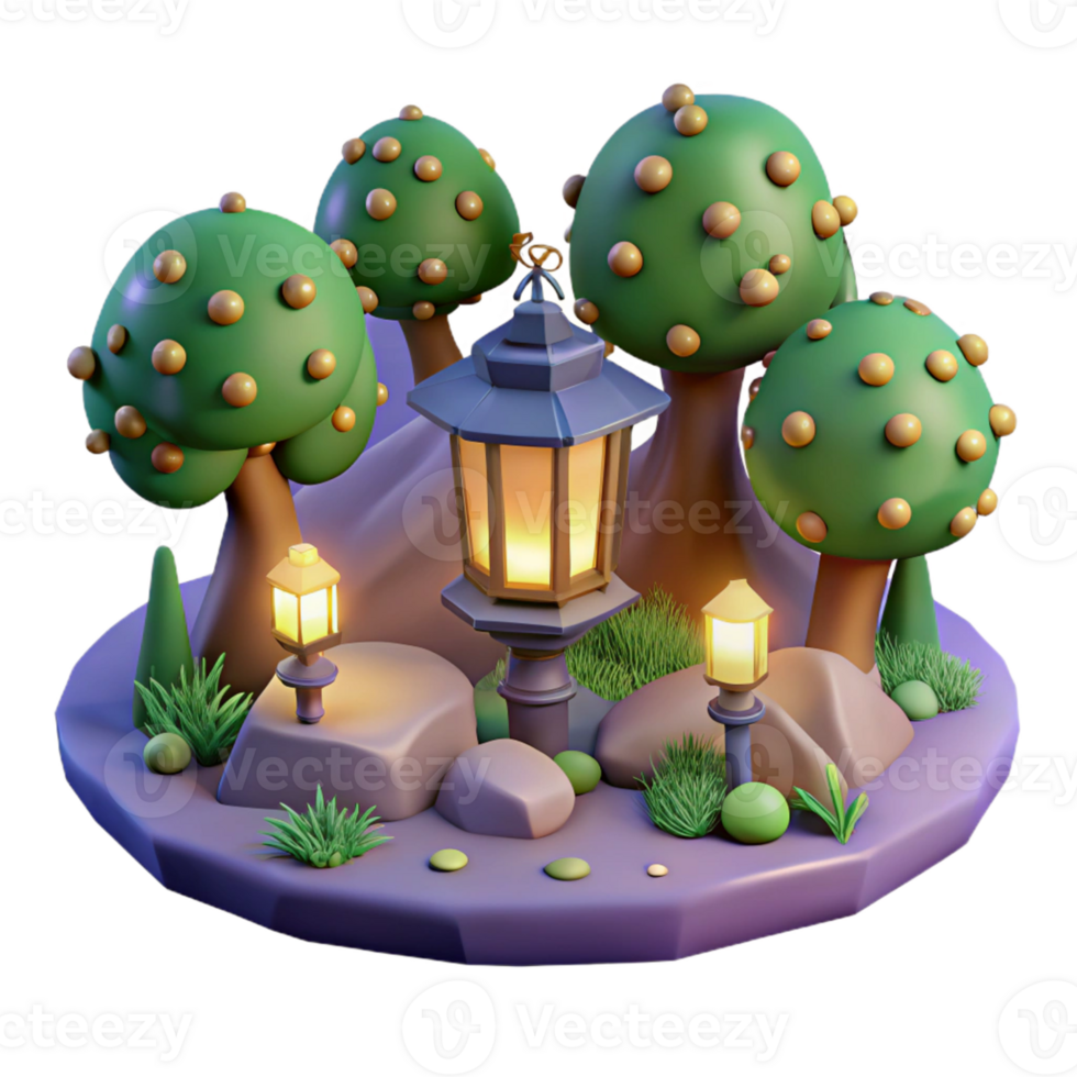 3D Render Enchanting Lantern Lit Scene - A whimsical 3D render of an enchanting scene illuminated by lanterns capturing its magical atmosphere and serene presence png