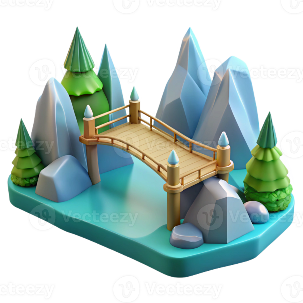 Wooden Bridge 3D Model A dynamic depiction of a bridge crafted in wood, captured in a stunning three-dimensional model. png