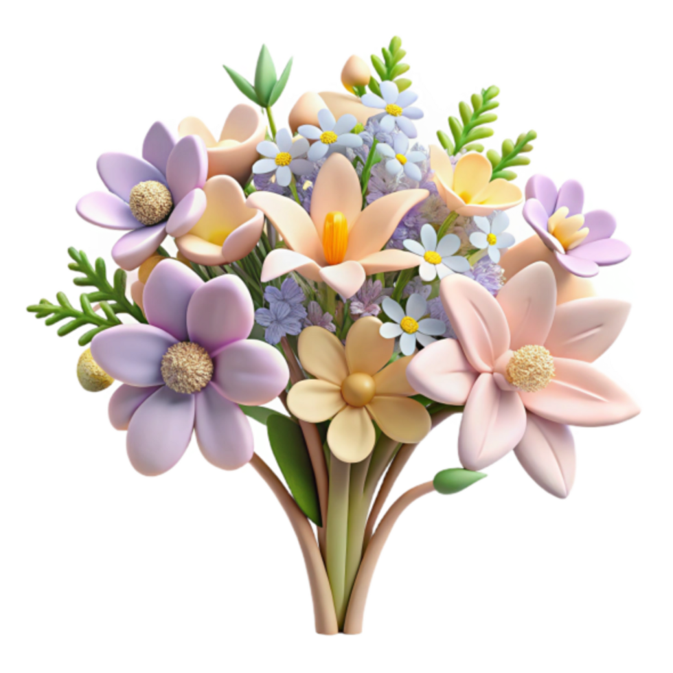 Vibrant 3D Render of a Flower Bouquet Pastel Blooms and Lush Greenery png