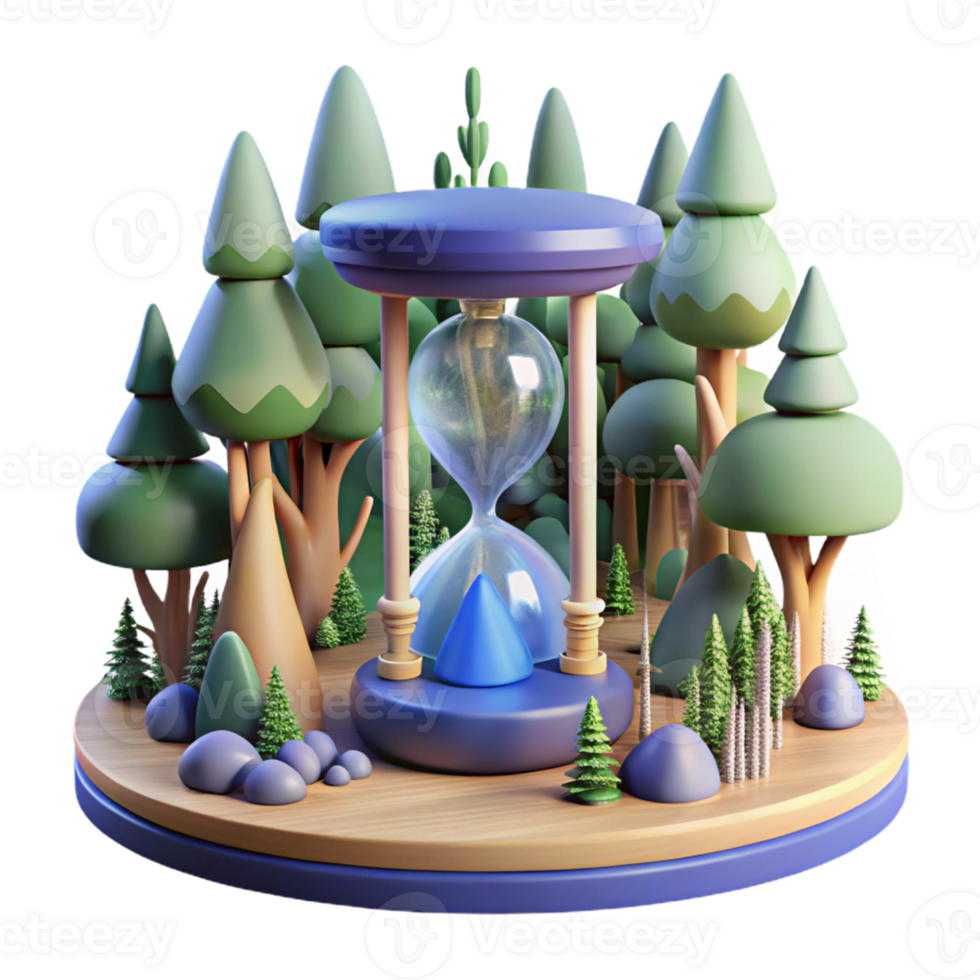 Hourglass in Forest Time and Nature in a Thoughtful Three Dimensional Scene of Enchantment png
