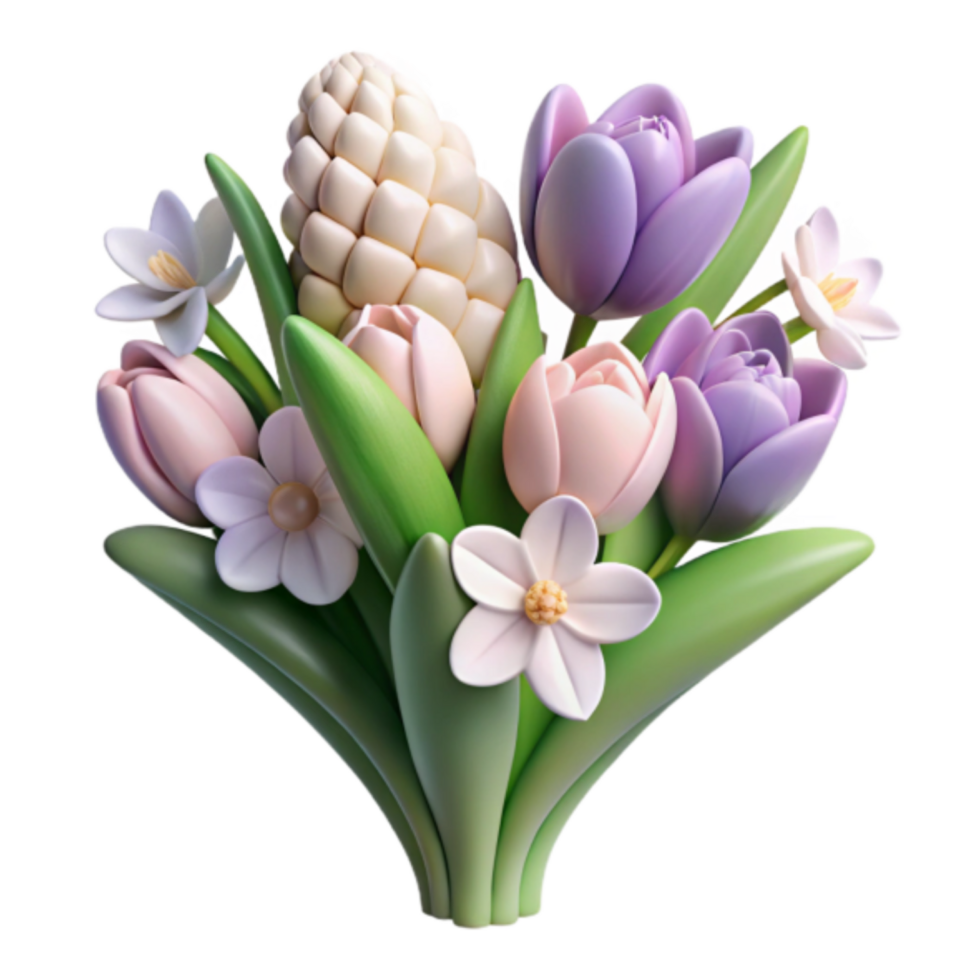 Vibrant 3D Render of Spring Bouquet Tulips, Hyacinths, and Daisies png