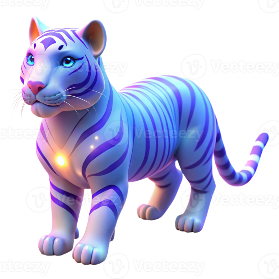 Magical White Tiger Cub A mythical tiger navigating the digital jungle, its fur glowing with vibrant colors in a stunning render. png