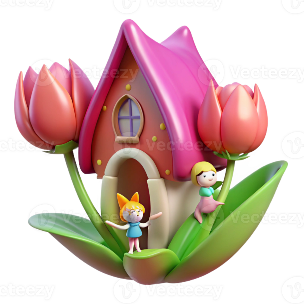 Cute Cartoon House in Tulips in a Whimsical Three Dimensional Scene of Nature png