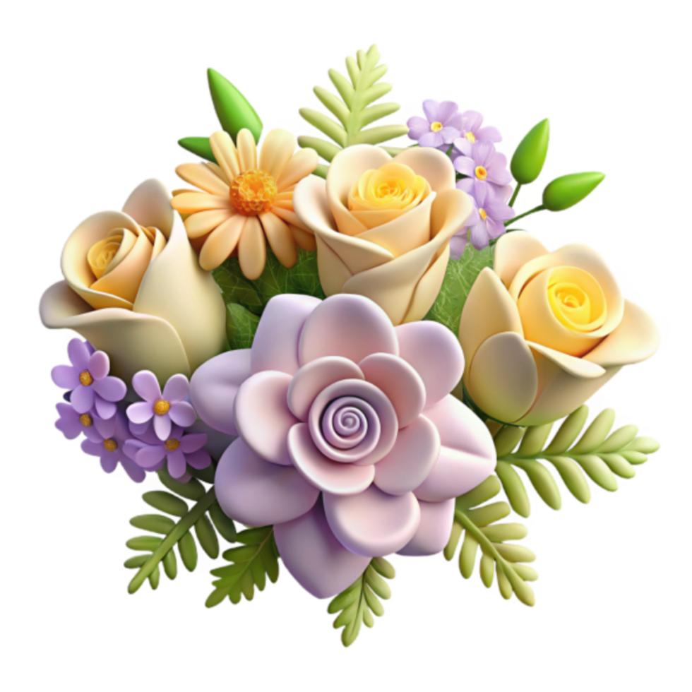 Vibrant 3D Render of a Flower Bouquet Roses, Daisies, and More png