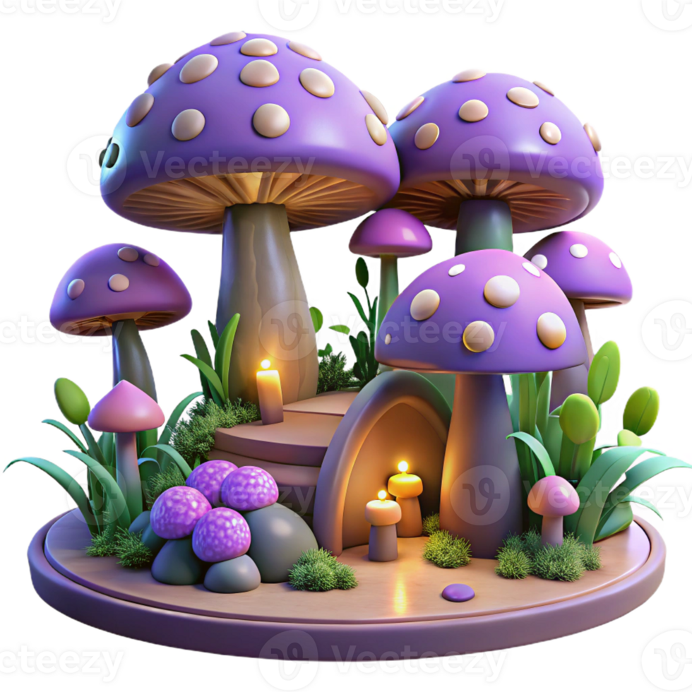 Enchanted Mushroom House A whimsical 3D render of an enchanted mushroom house, capturing its magical atmosphere and playful design. png
