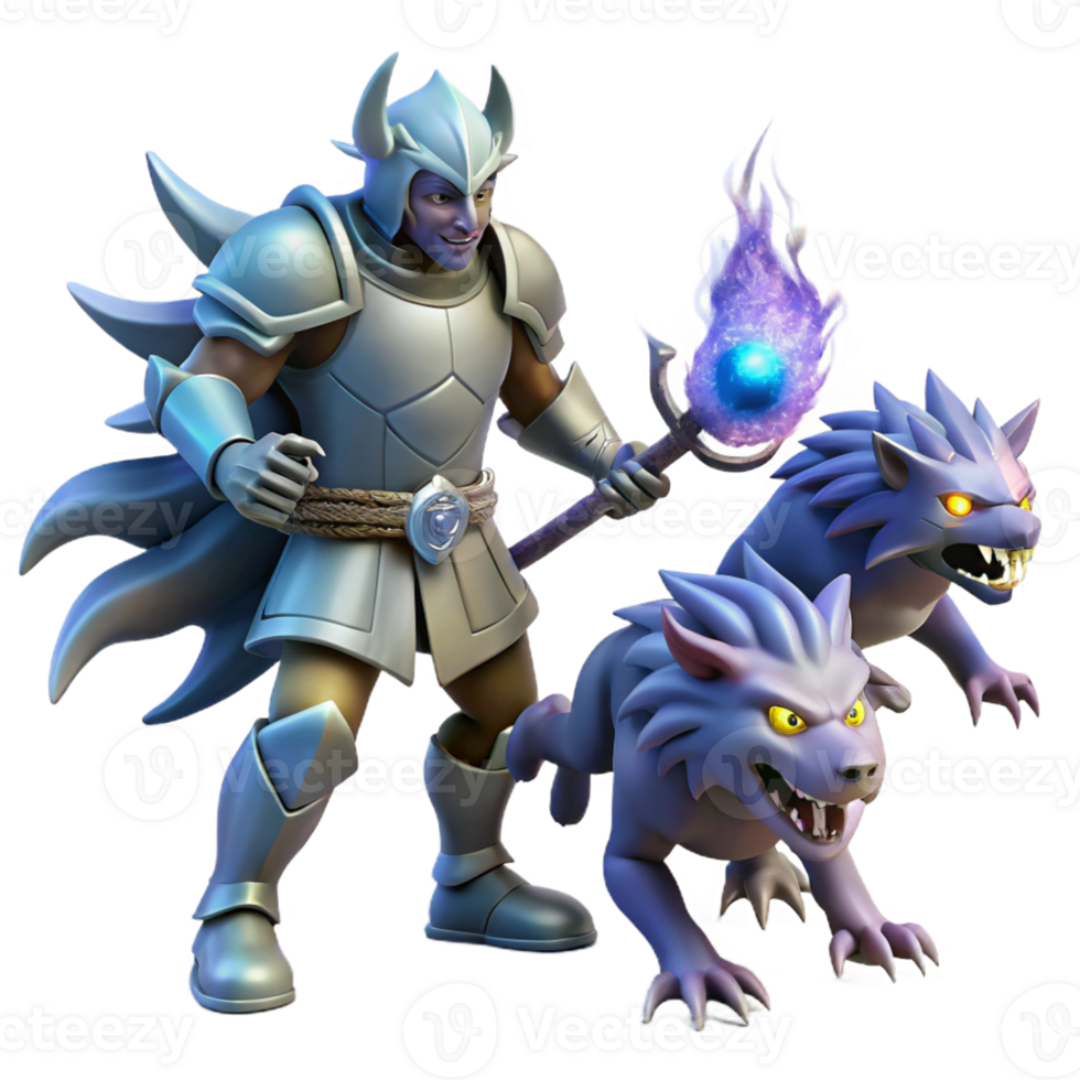 Fantasy Knight, Magical Staff, Wolf Creatures A magical scene of a knight wielding a staff, navigating a world of wolf creatures in a digital realm. png