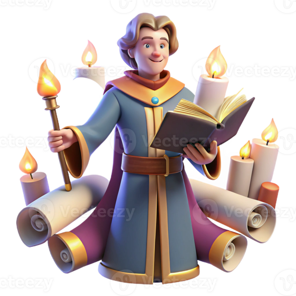 Wise Wizard, Book, Candles, Scrolls A magical scene of a wizard navigating a world of books, candles, and scrolls, capturing the essence of wisdom in a digital world. png
