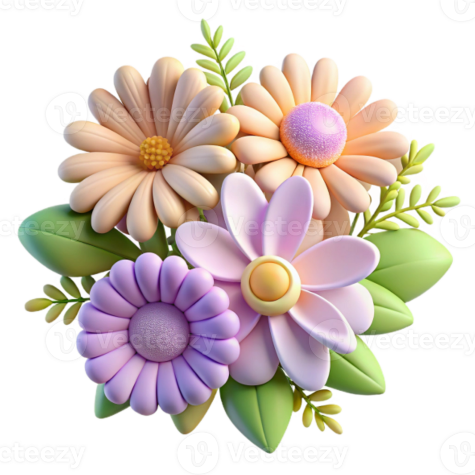 3D Render of a Charming Pastel Flower Bouquet Illustration png