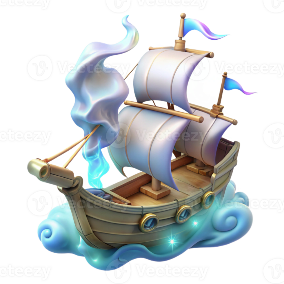 Enchanted Sailing Ship A magical sailing ship navigating the digital seas, its sails billowing with enchantment. png