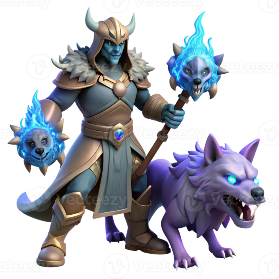 Fantasy Mage with Wolf Companions A mystical 3D render of a fantasy mage with wolf companions, capturing the essence of fantasy and adventure. png
