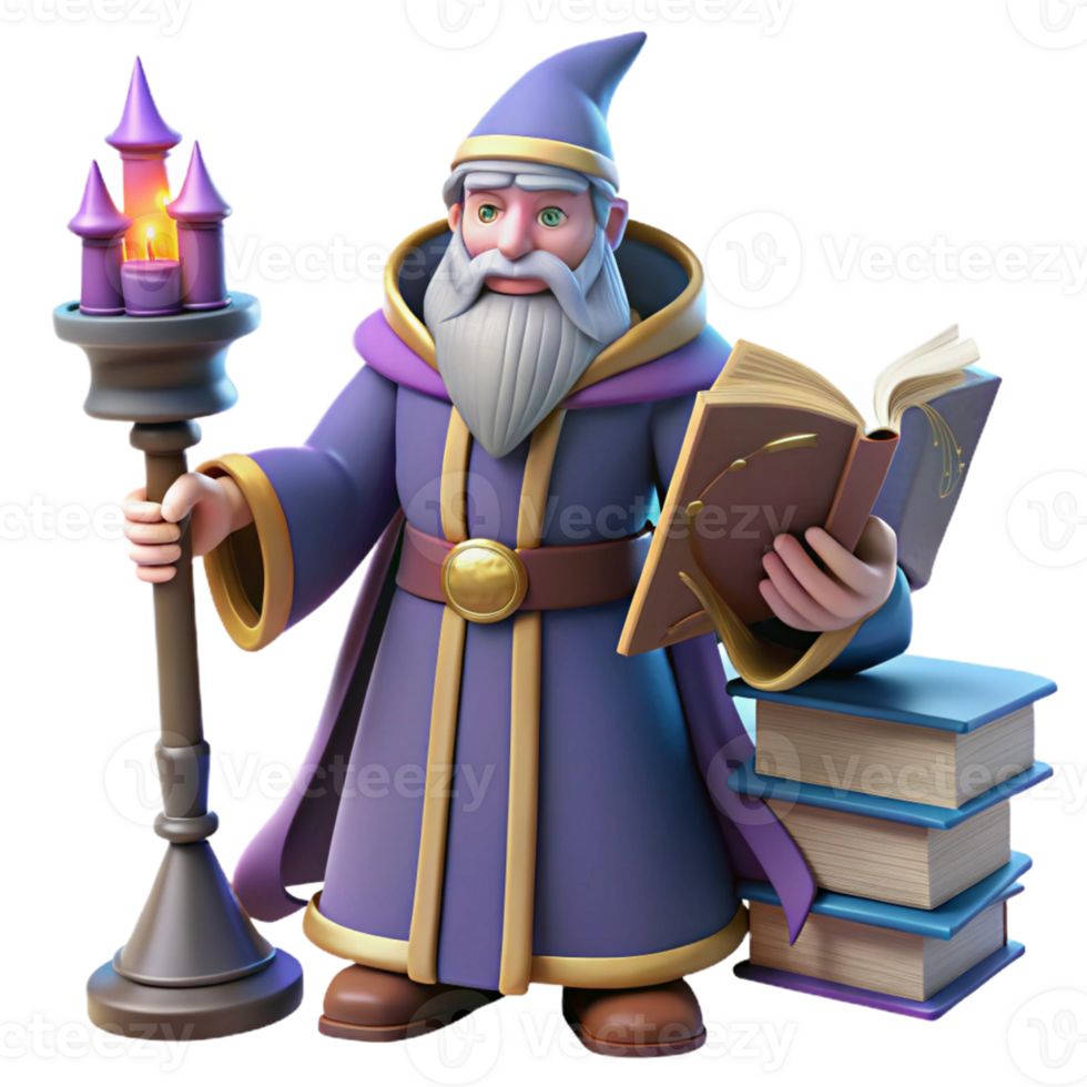 Wise Wizard with Books Candle A magical scene of a wizard navigating a world of books and candles, capturing the essence of wisdom in a digital world. png