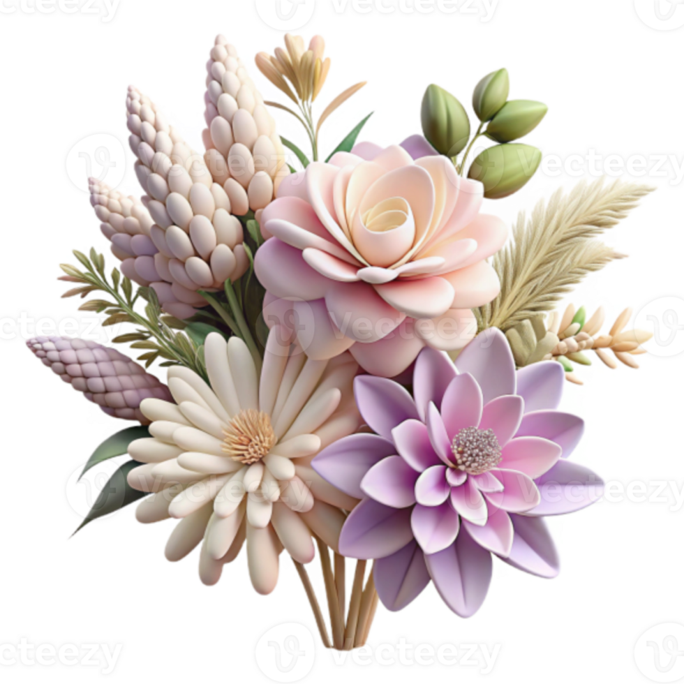 3D Render Pastel Floral Bouquet Illustration, Delicate Flowers, Soft Hues, Artistic Bloom, 3D Floral Art, Whimsical Flowers, Digital Flower Arrangement, Elegant Botanical Design png