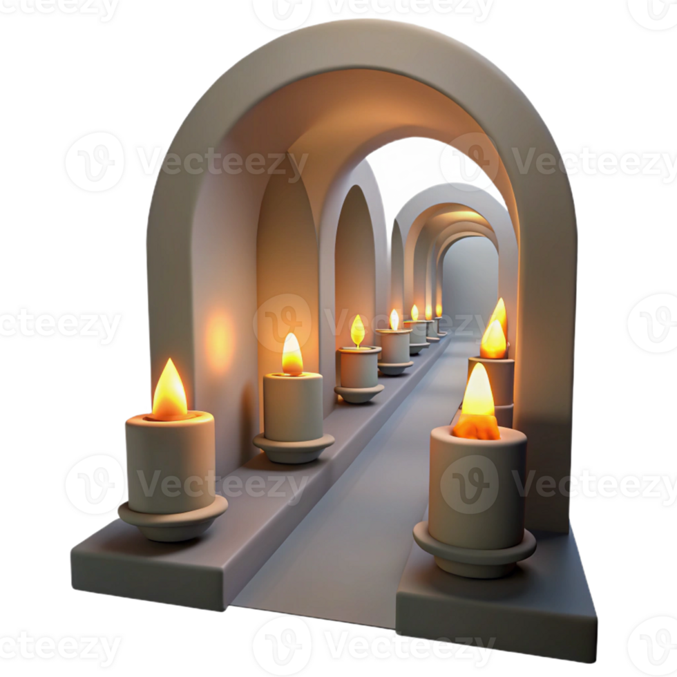 Archway of Candles 3D Render A serene 3D depiction of an archway adorned with candles, creating a tranquil and mystical atmosphere. png