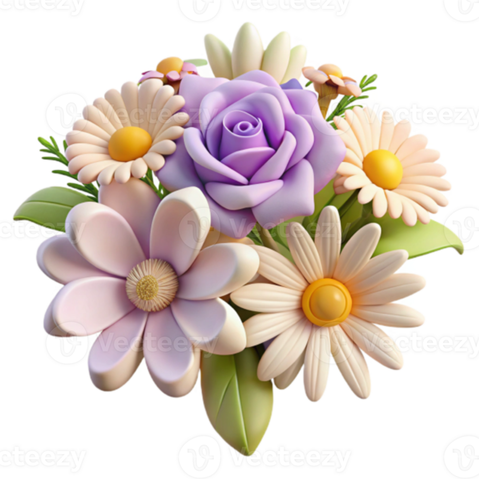 Vibrant 3D Render of a Flower Bouquet Featuring Daisies and Roses png