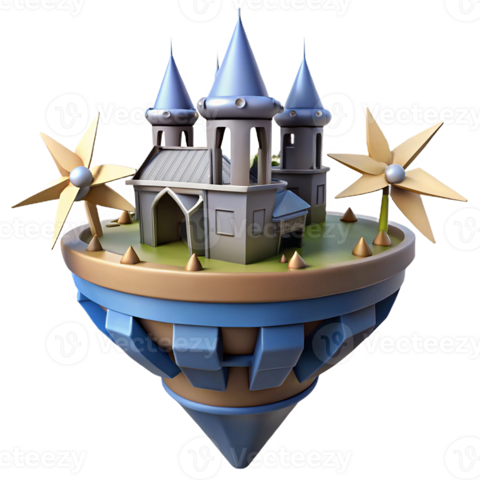 Floating Castle 3D Render A whimsical 3D render of a floating castle, capturing its magical atmosphere and enchanting design. png