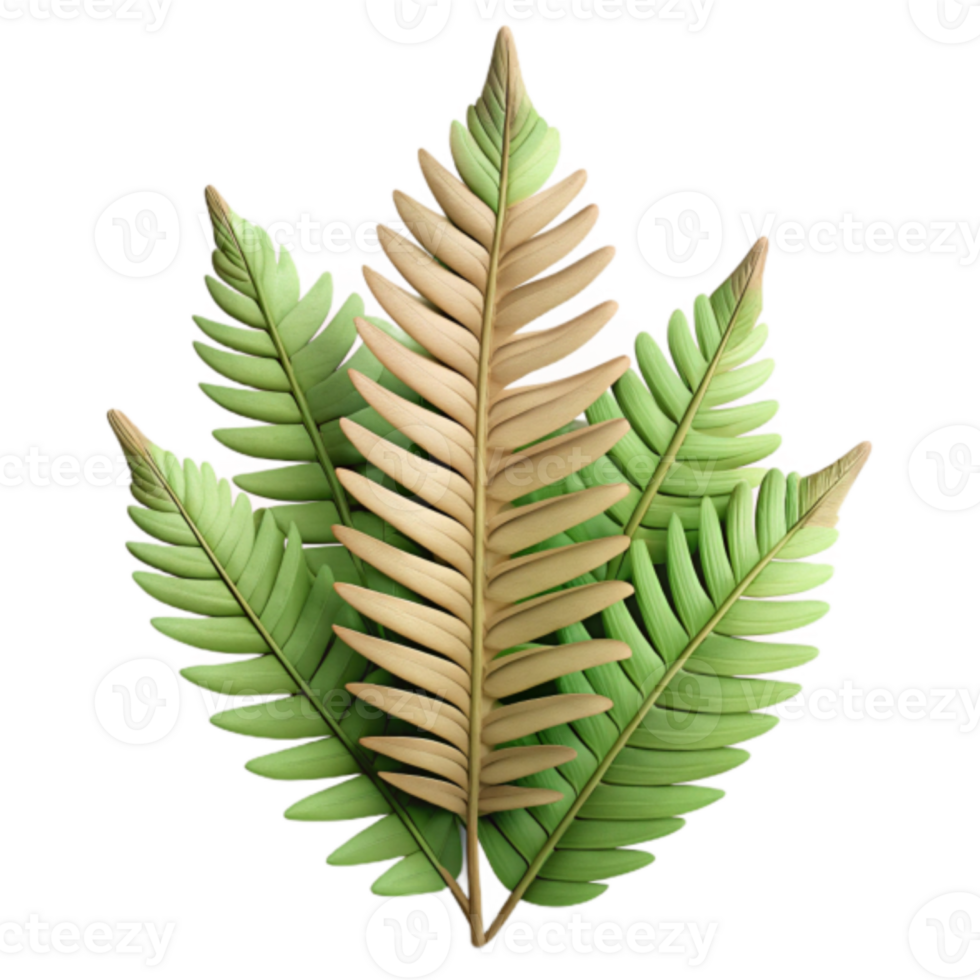 3D Render of Lush Green and Beige Fern Leaves, Botanical Illustration png