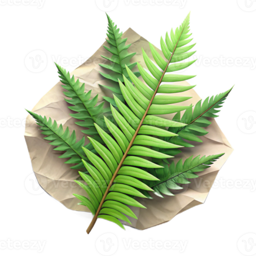 3D Render Lush Green Ferns on Crumpled Paper Background Illustration png