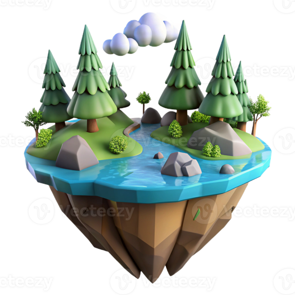 Floating Island River, Trees, Clouds in a Majestic Three Dimensional Scene of Nature png