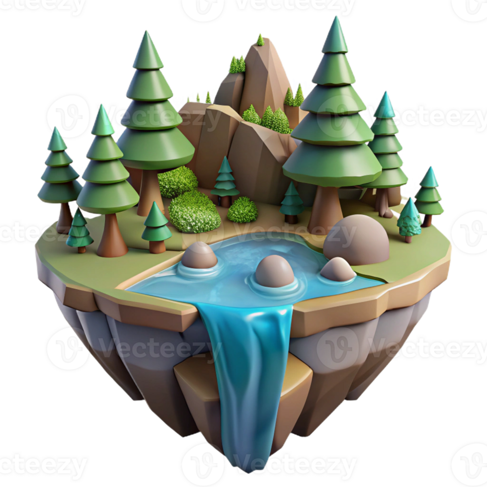 Low Poly Island Waterfall Scene in a Majestic Three Dimensional Render of Nature png