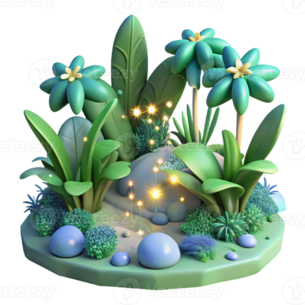 Enchanted 3D Garden Illustration Lush Tropical Plants Glowing Firefly Magic Scene png