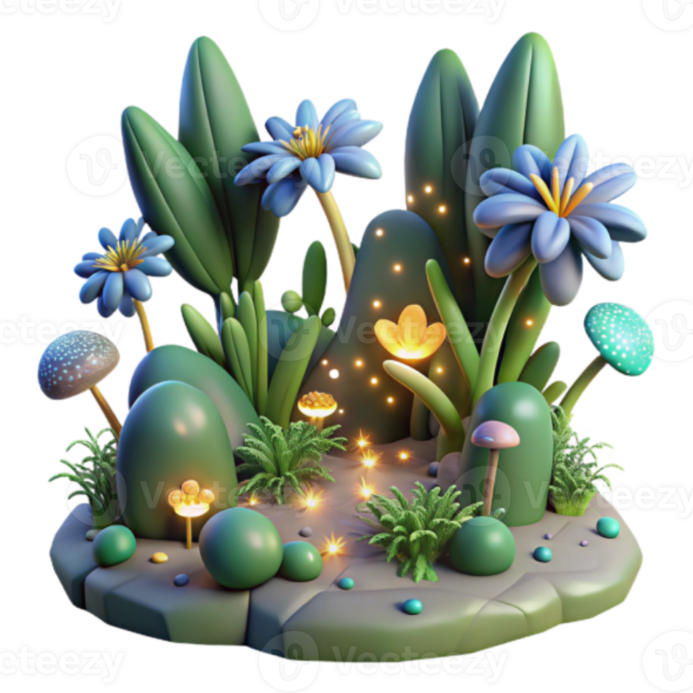 Enchanted 3D Garden Illustration Lush Flowers Glowing Mushrooms Fantasy Landscape png