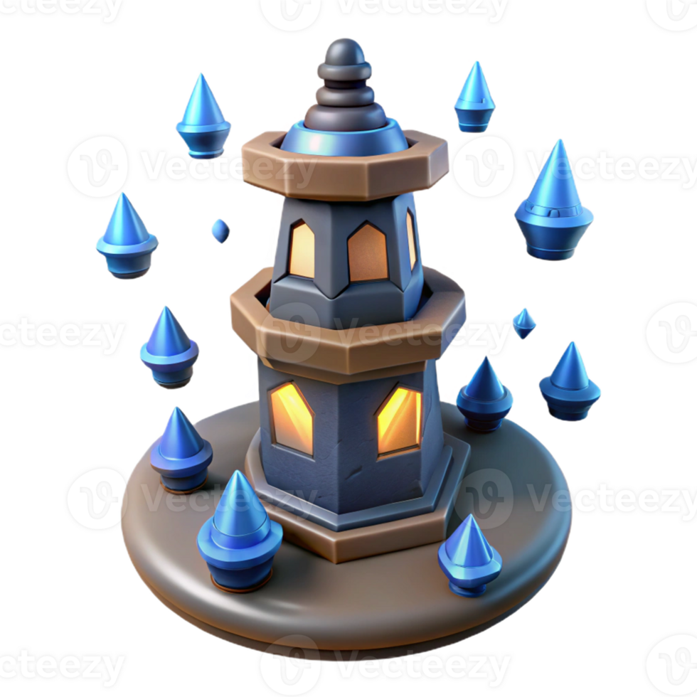 Luminous Tower with Blue Spikes in a Radiant Three Dimensional Scene of Design png