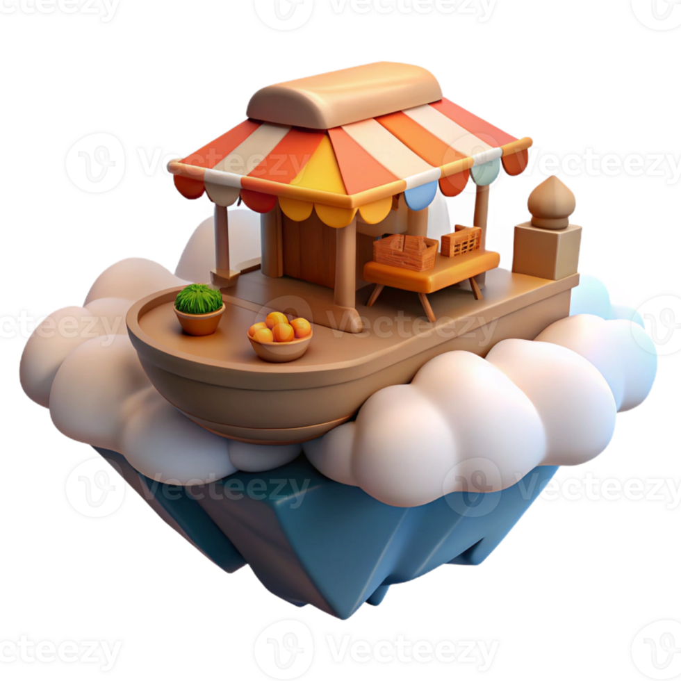 Floating Market Stall 3D Render A whimsical market stall floating in a digital world, brought to life in a vibrant three-dimensional render. png