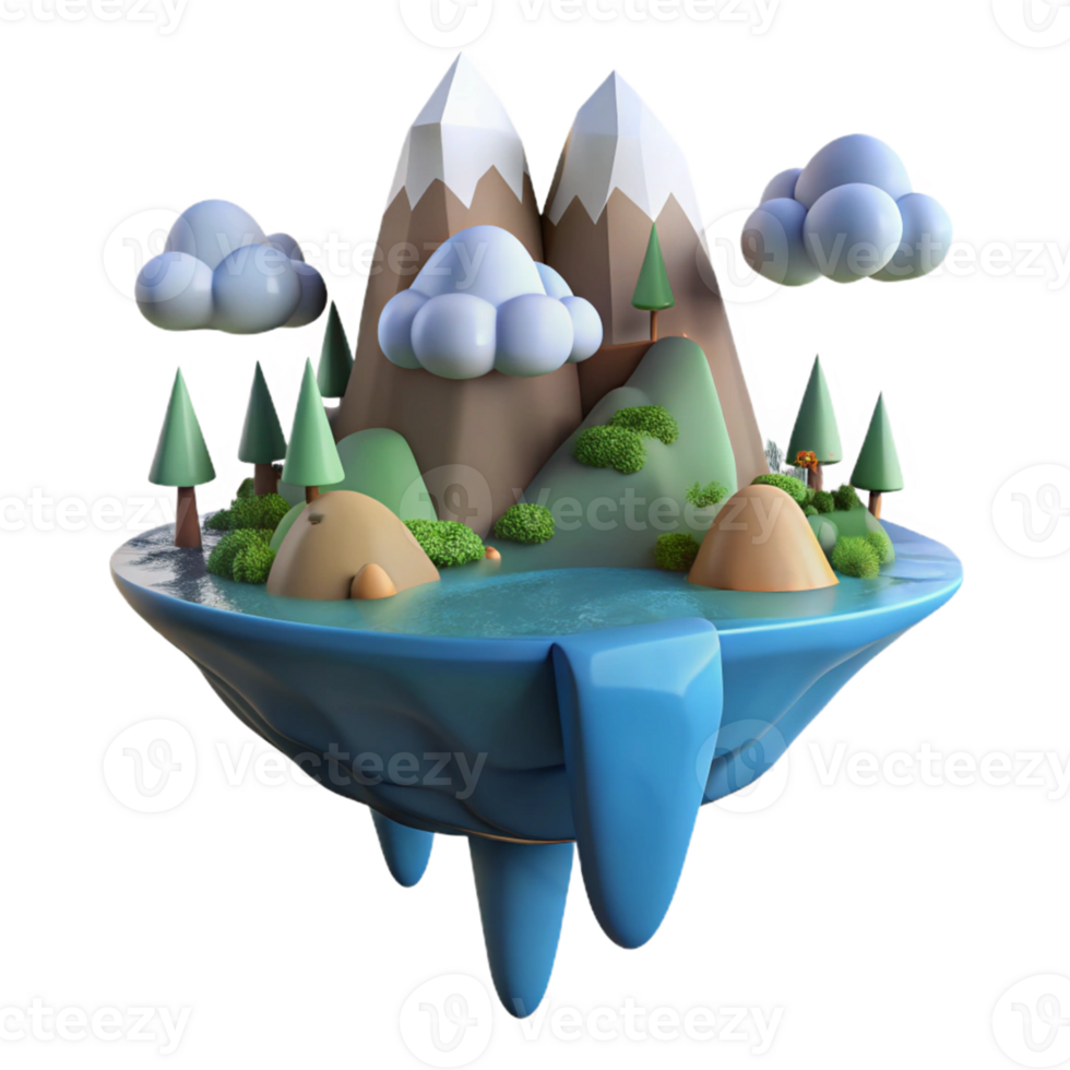 Floating Island 3D Render A magical scene of an island navigating the digital skies, brought to life in a stunning three-dimensional render. png