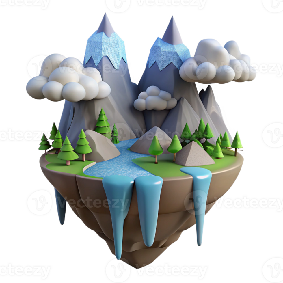 Floating Island Landscape with Three Dimensional Mountains and River in a Majestic Scene png