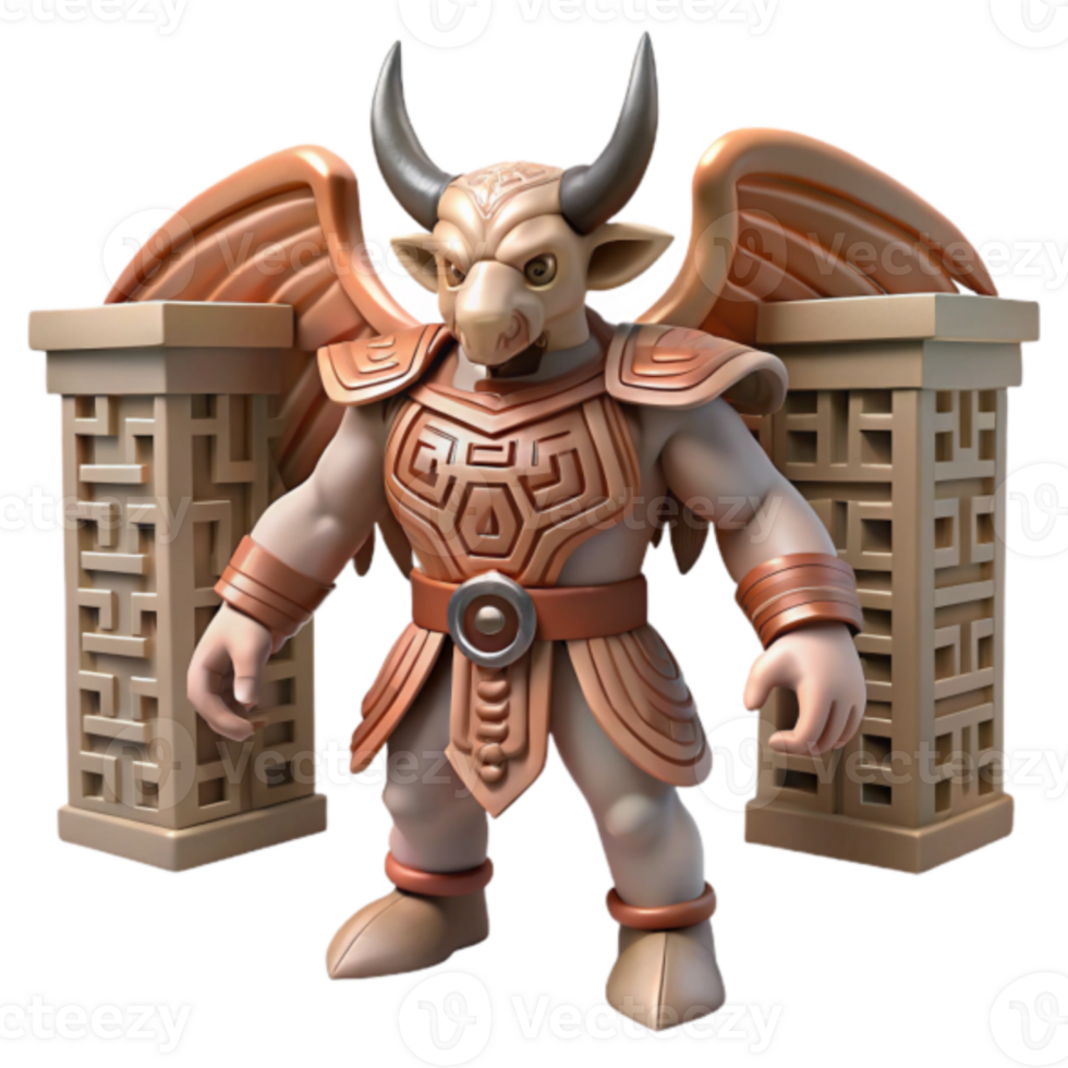3D Render Minotaur Guardian with Ancient Pillars png