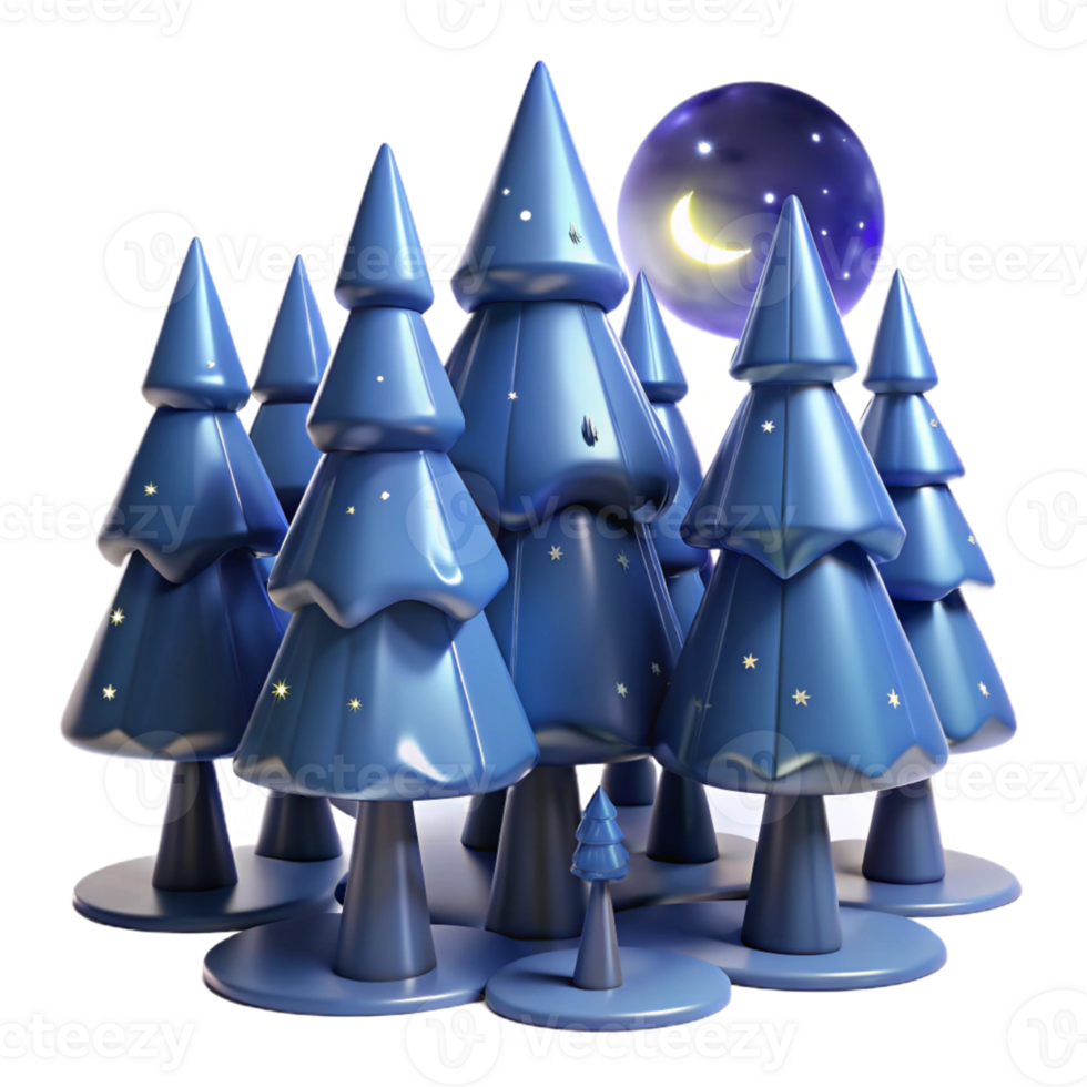 Night Forest, Crescent Moon, Stars A serene scene of a forest navigating a world of crescent moons and stars, capturing the essence of a mystical night in a digital world. png