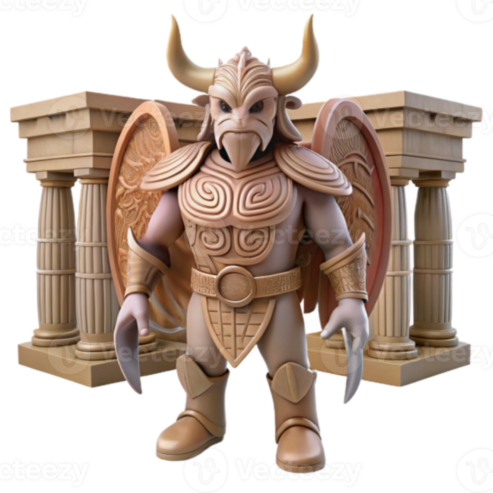 3D Render of Mythological Minotaur Warrior in Golden Armor before Ancient Temple png