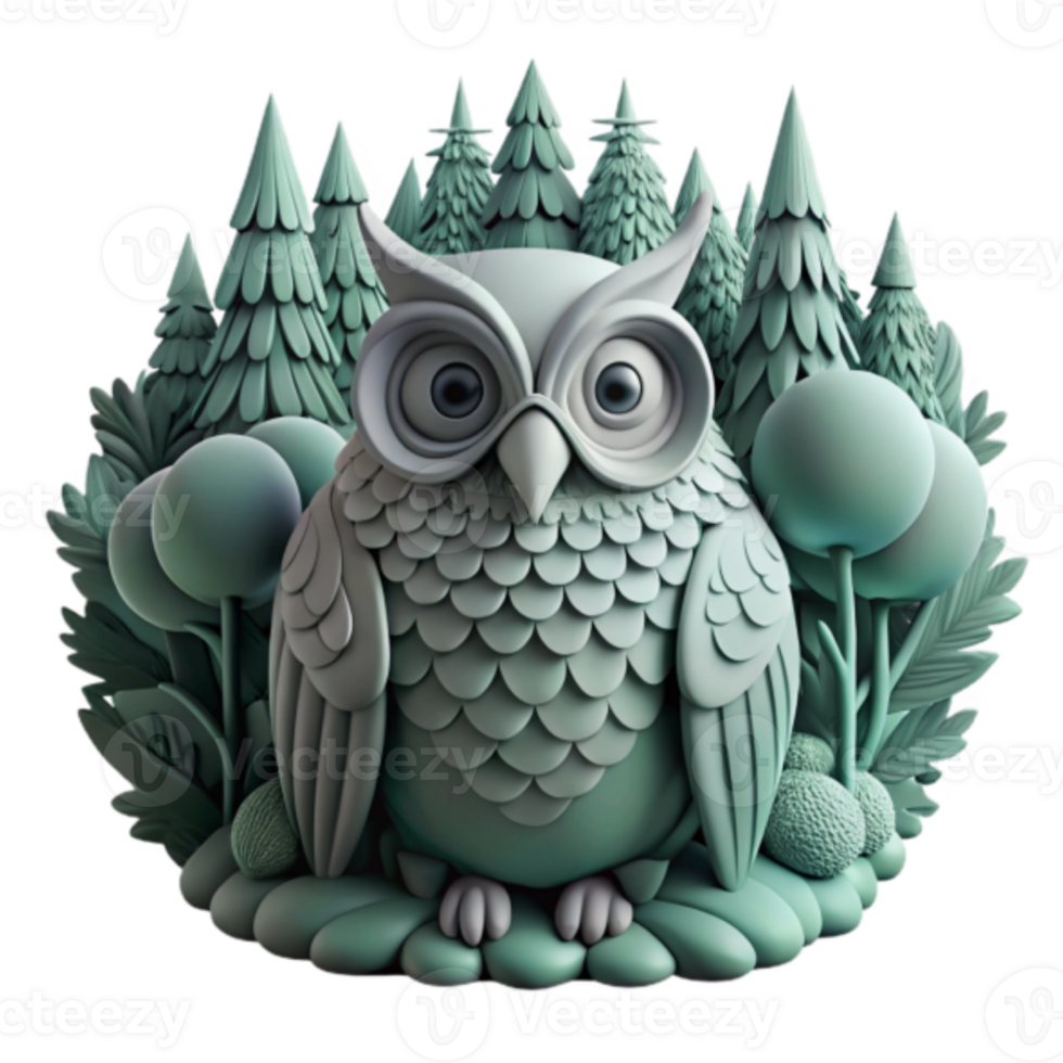 3D Render of a Cute Owl in a Forest Setting png