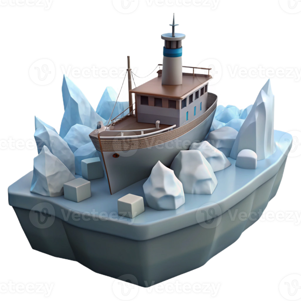 Ship Trapped in Ice Floes A dramatic 3D render of a ship trapped in ice floes, capturing the essence of adventure and survival. png