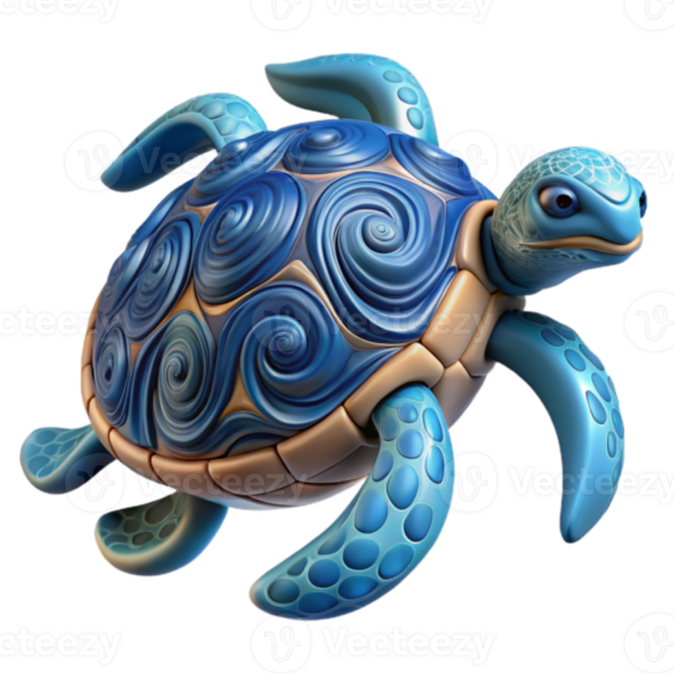Whimsical 3D Render of a Blue Swirl Turtle png
