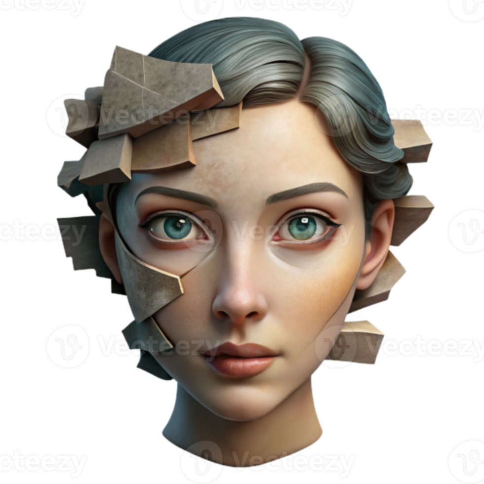 3D Render of a Female Head with Stone Fragments, Digital Art, Abstract Portrait png