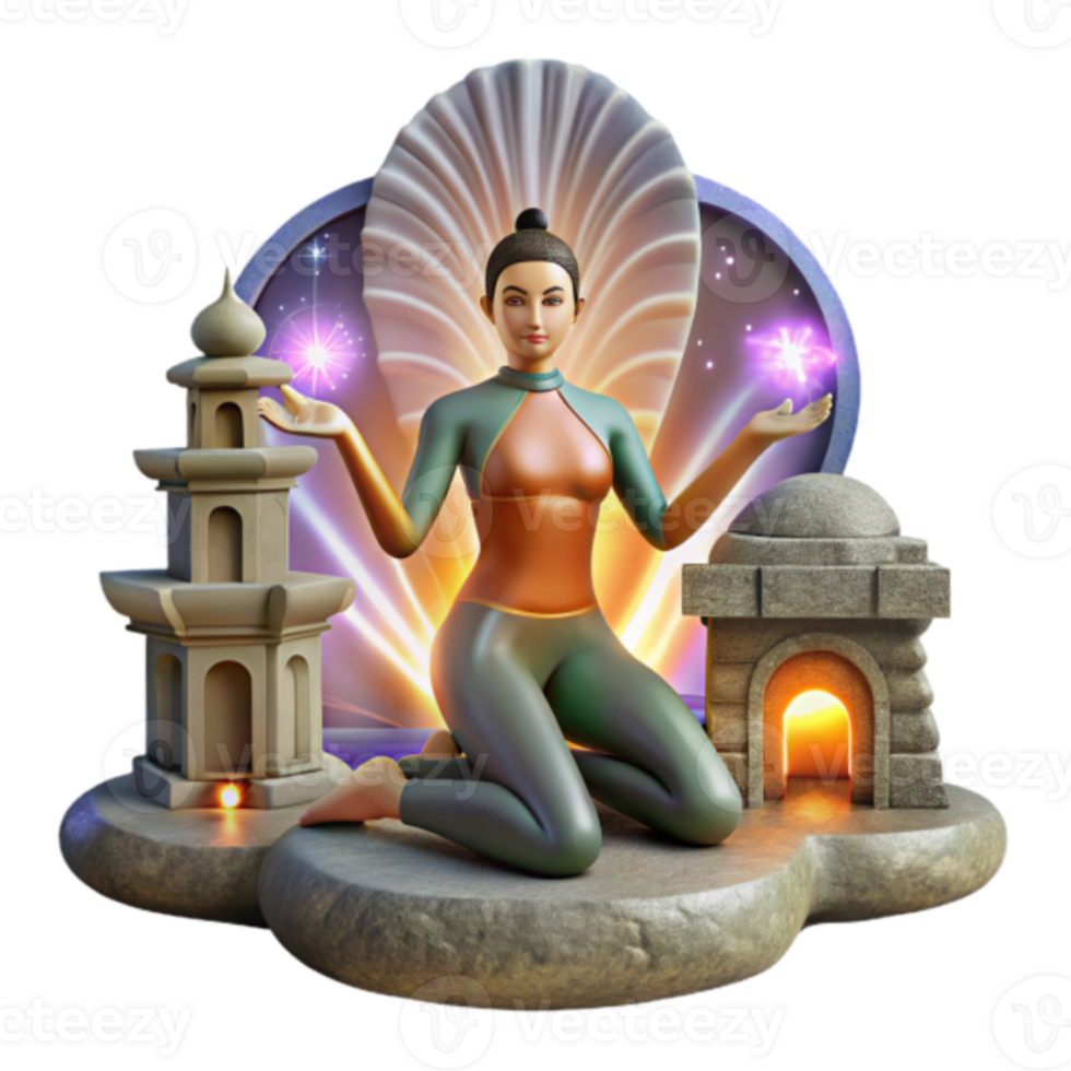 Serene 3D Render of a Woman Kneeling Before Spiritual Structures png