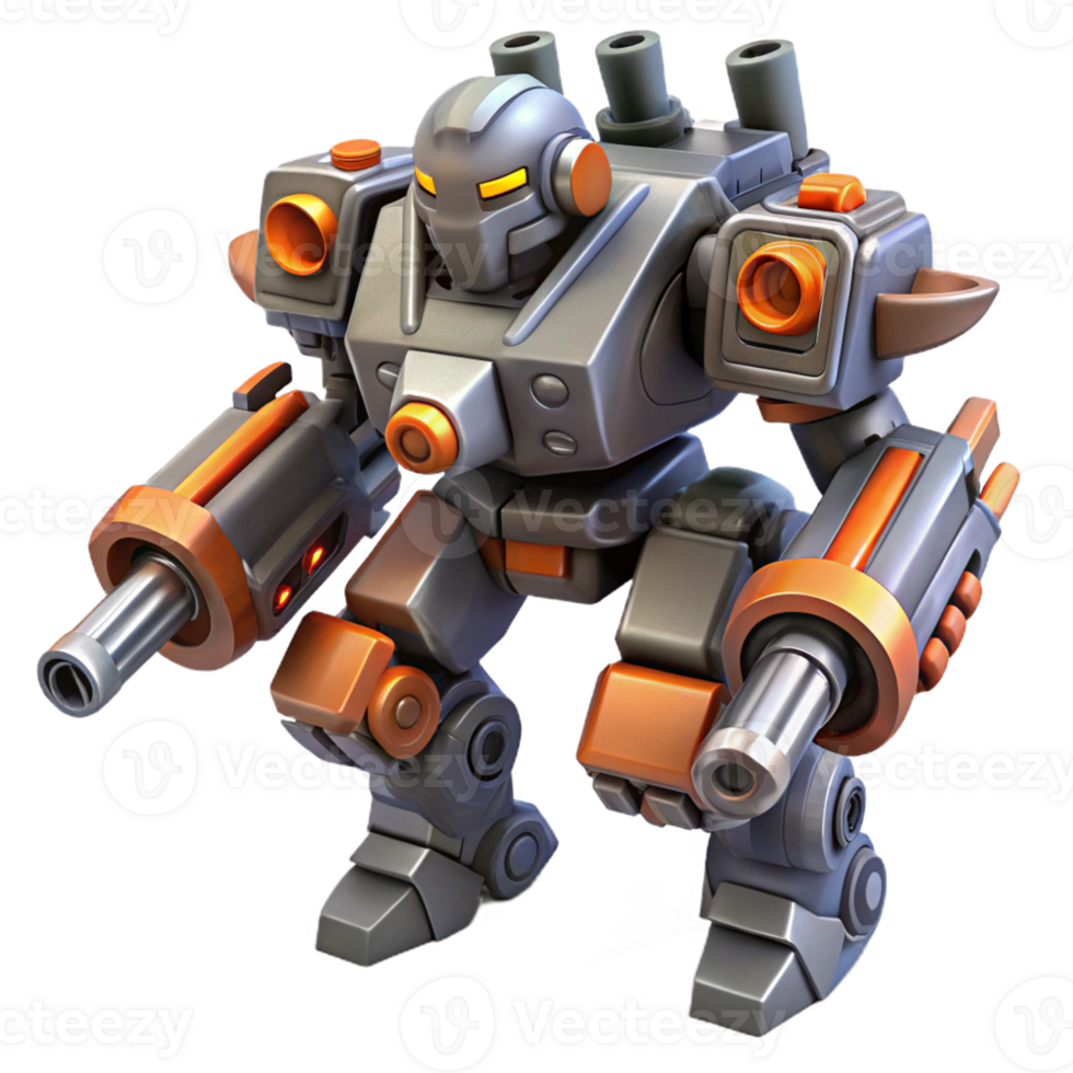 Combat Mech Armored Robot A dynamic 3D render of a combat mech, capturing the essence of intense action and advanced technology. png